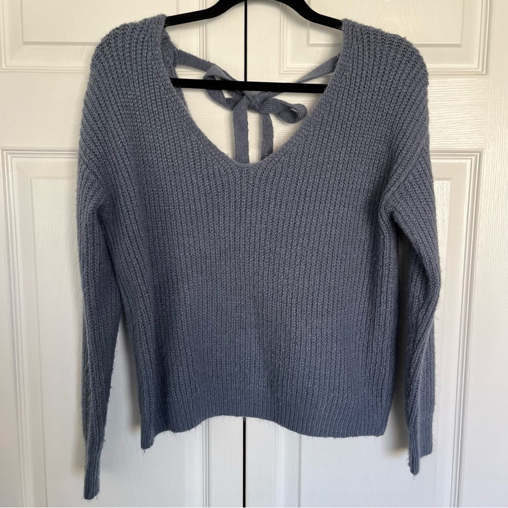 Dusty Blue Cropped Woven Heart Sweater Size S